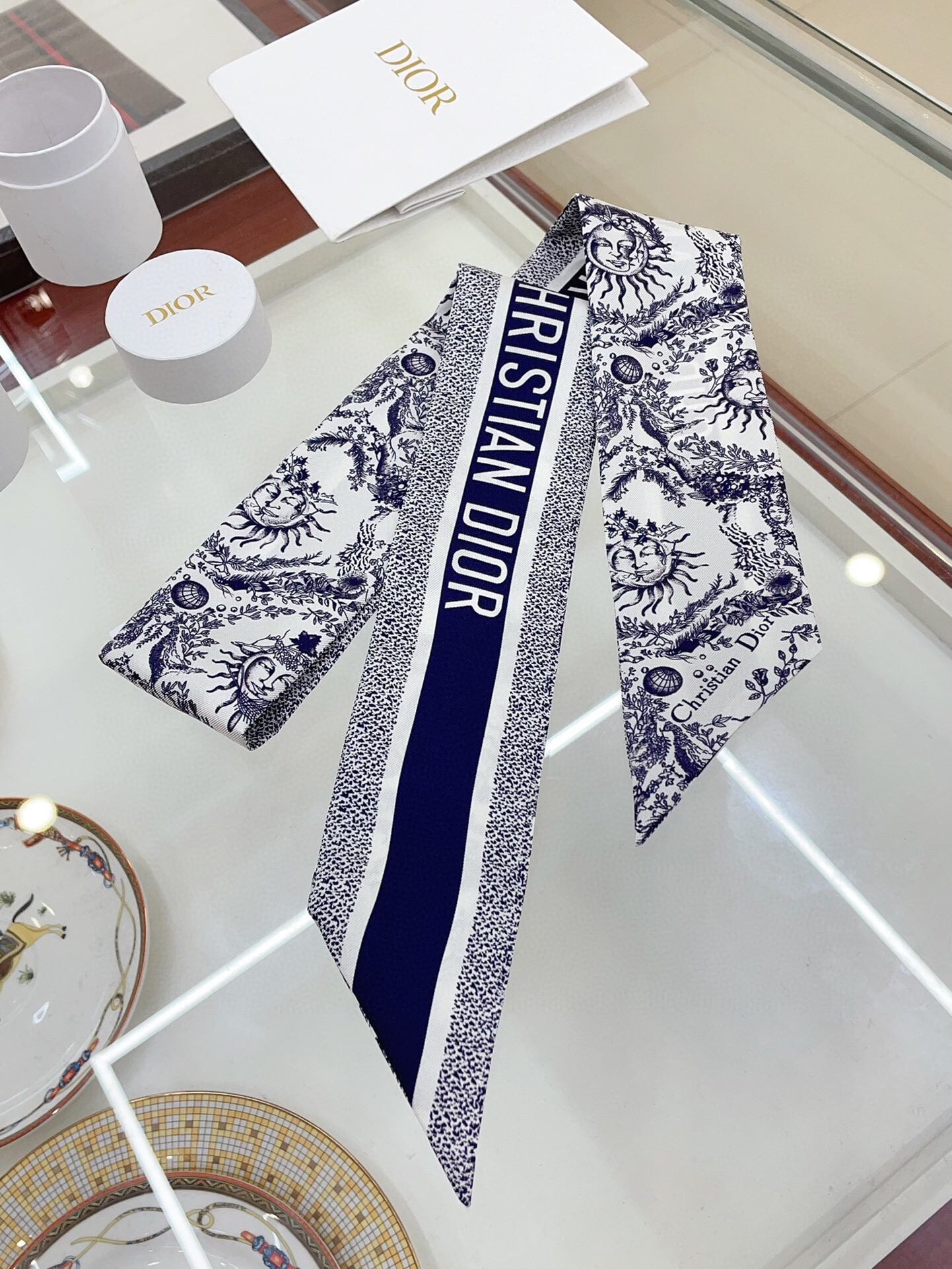 D*or toile de jouy soleil mitzah scarf in blue silk twill