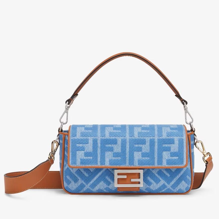 F**di baguette medium bag in denim with ff embroidery