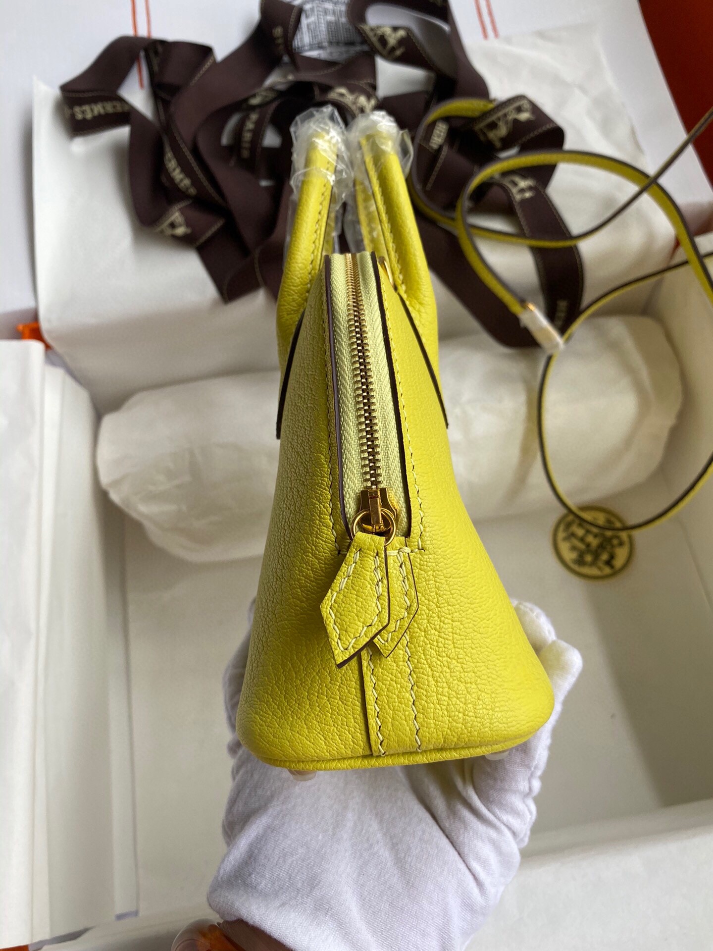 H**mes bolide 1923 mini handmade bag in lime chevre mysore leather