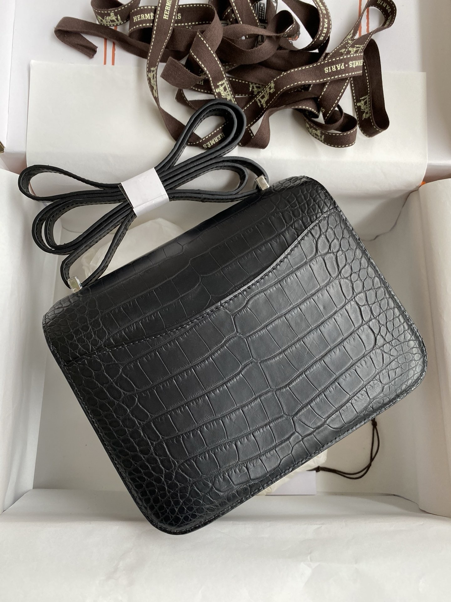 H**mes constance 18 handmade bag in black matte alligator leather