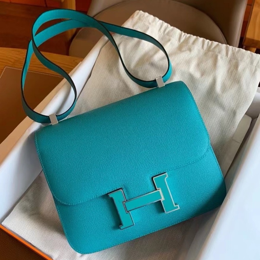 H**mes constance enamel 18 handmade bag in blue paon epsom calfskin