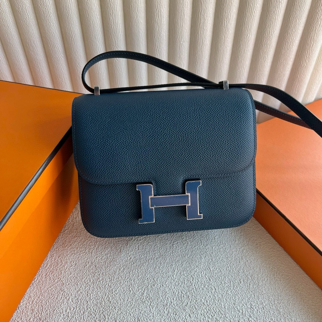 H**mes constance enamel 18 handmade bag in deep blue epsom calfskin