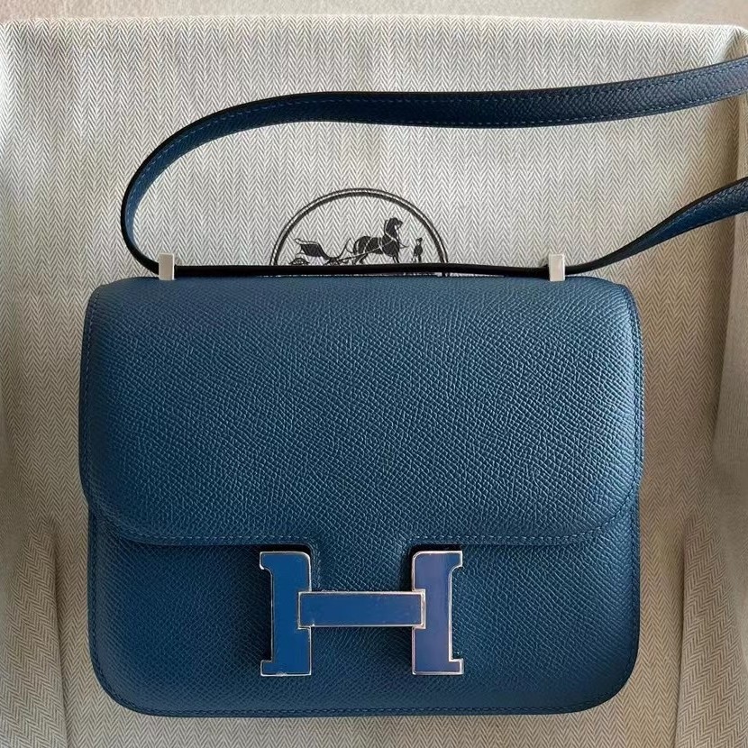 H**mes constance enamel 18 handmade bag in deep blue epsom calfskin