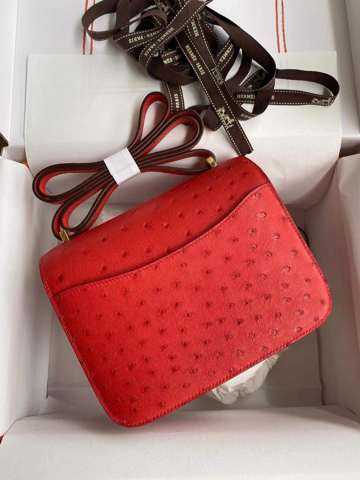 H**mes constance 18 handmade bag in red ostrich leather