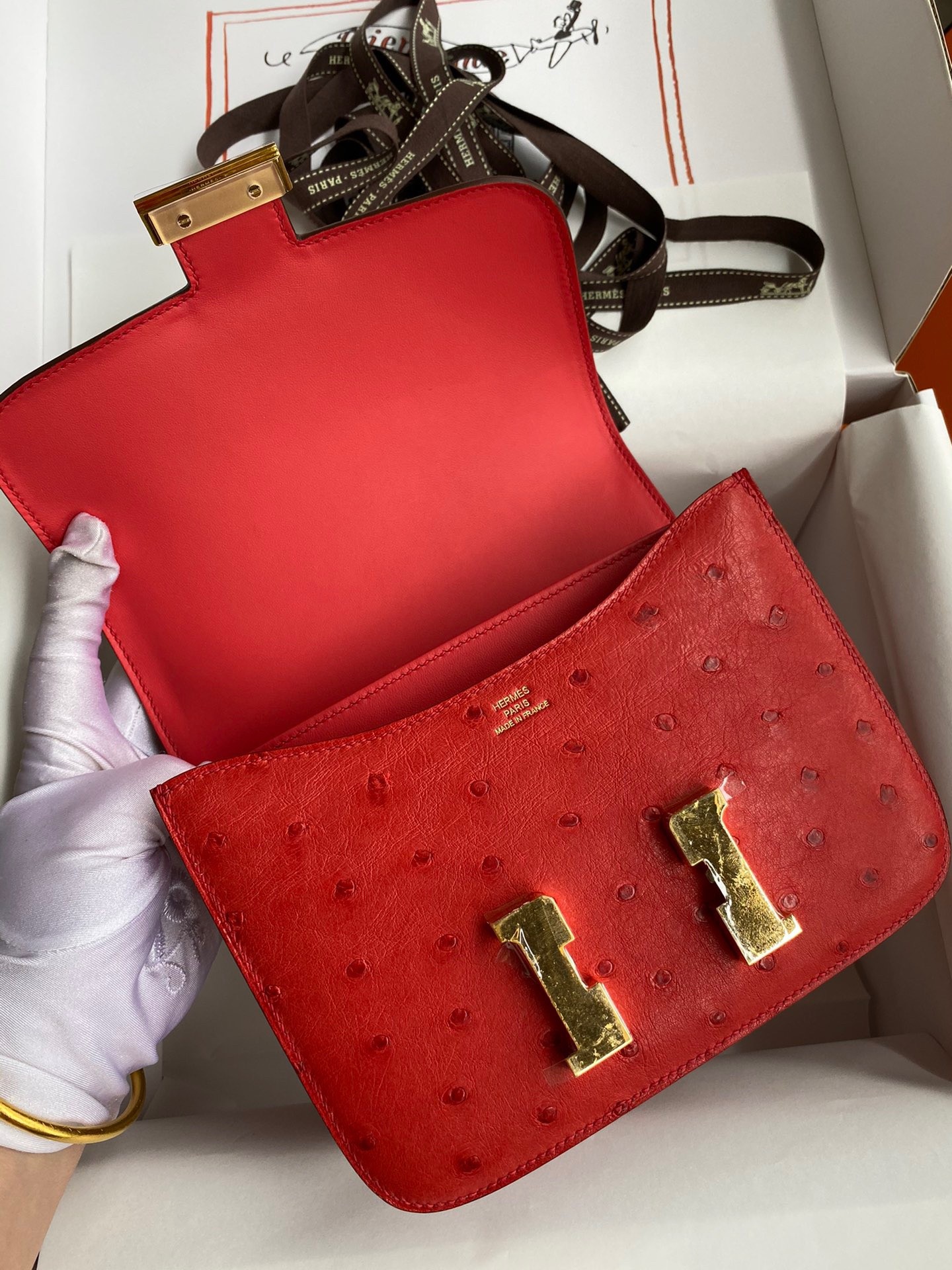 H**mes constance 18 handmade bag in red ostrich leather