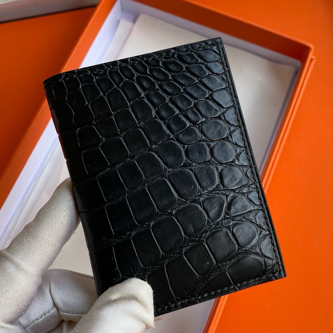 H**mes mc² euclide card holder in black matte alligator leather