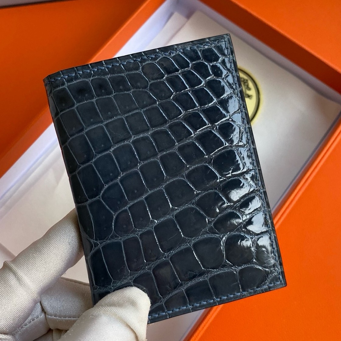 H**mes mc² euclide card holder in blue colvert shiny alligator leather