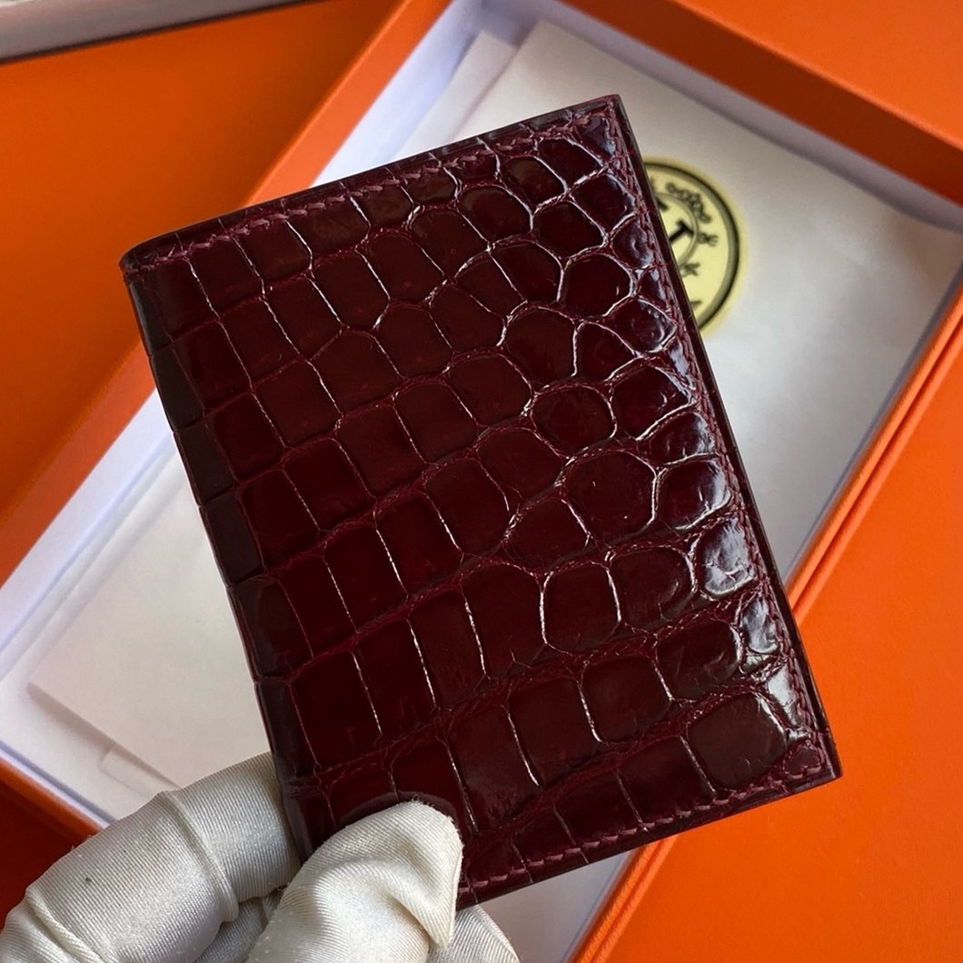 H**mes mc² euclide card holder in bordeaux shiny alligator leather