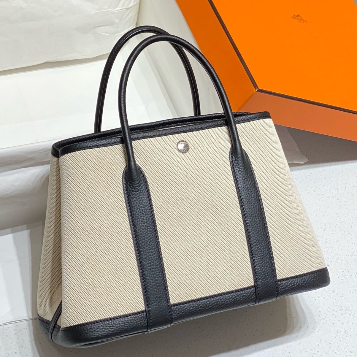 H**mes garden party 30cm bag in toile and black leather