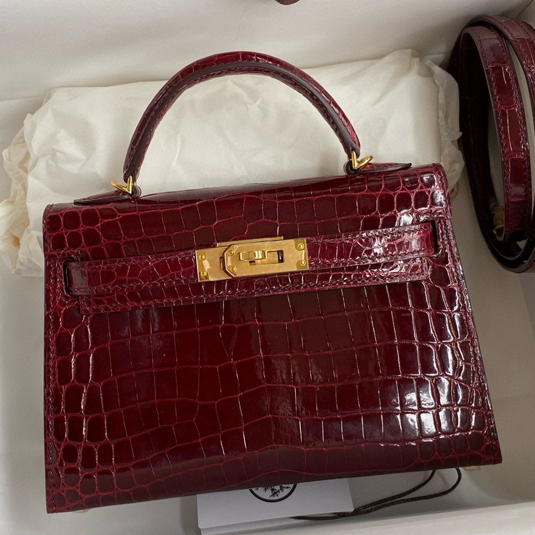 H**mes kelly mini ii sellier handmade bag in bordeaux shiny alligator leather