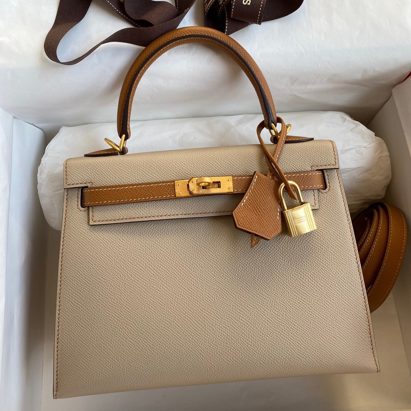 Replica Hermes Kelly Sellier 25 Bicolor Bag in Trench and Gold Epsom ...