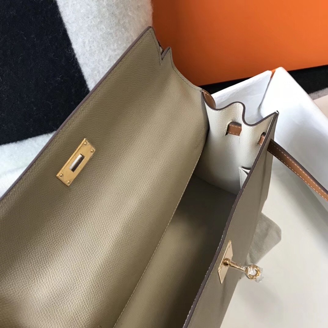 H**mes bi-color kelly 32cm epsom bag tourterelle/gold ghw