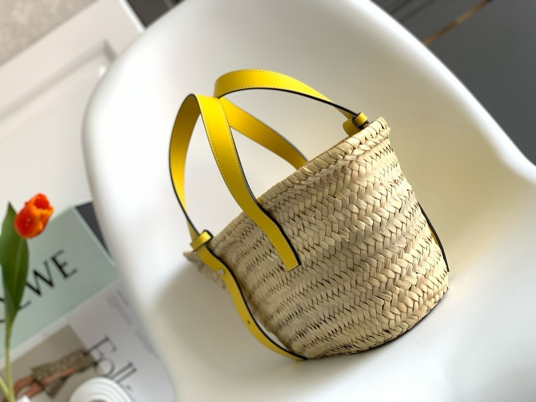 Loewe Small Basket Bag in Raffia and Yellow Calfskin