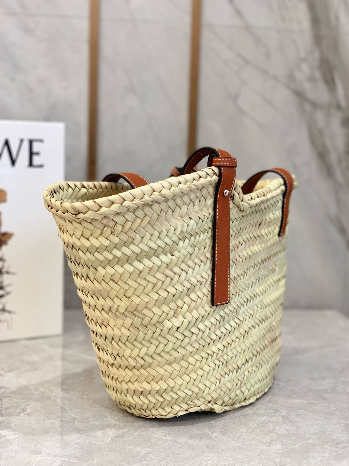 Loewe Medium Basket Bag in Raffia and Brown Calfskin