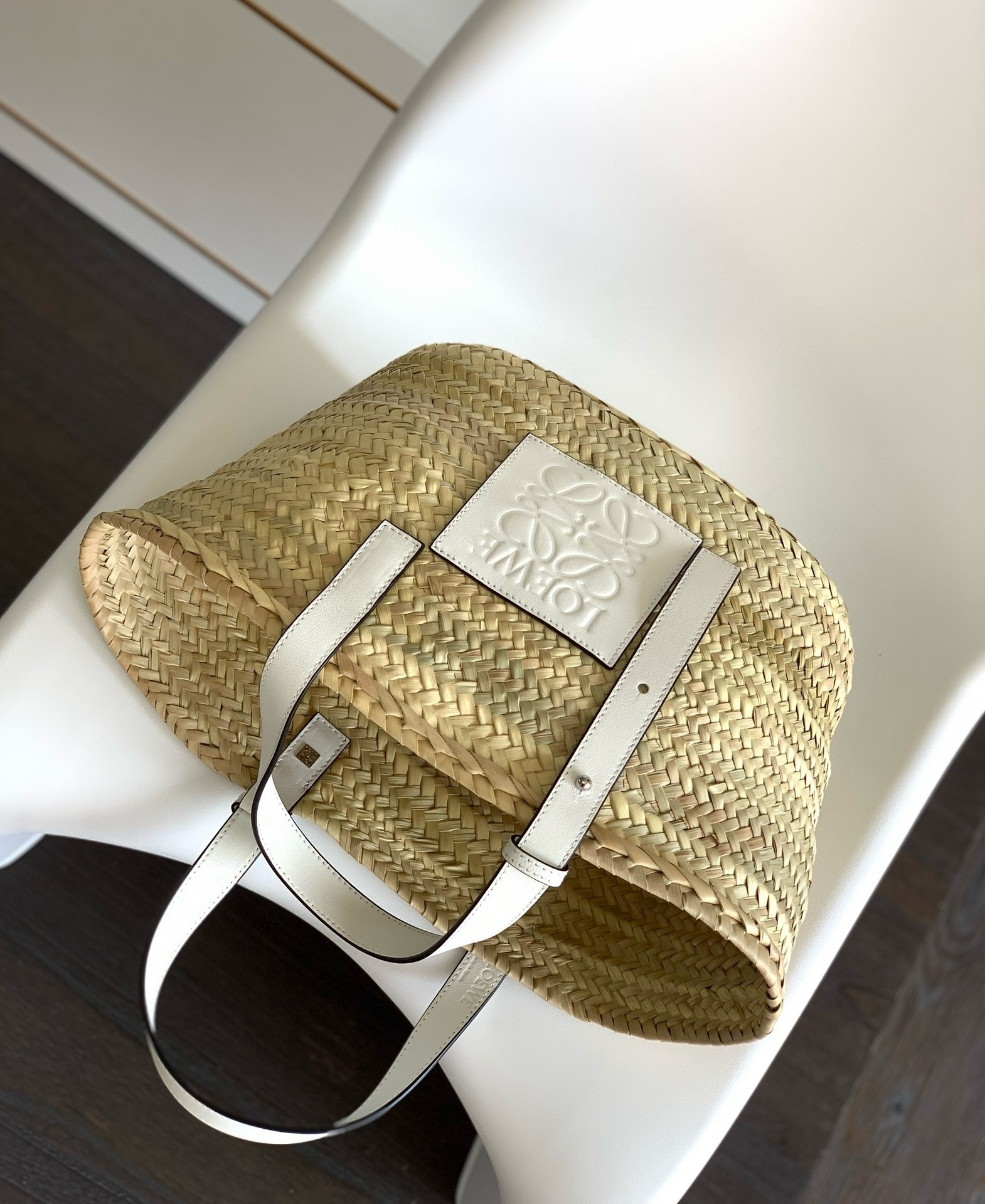 Loewe Medium Basket Bag in Raffia and White Calfskin