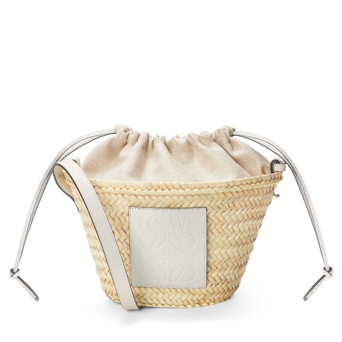 Loewe Drawstring Bucket Bag in Palm Leaf and White Calfskin