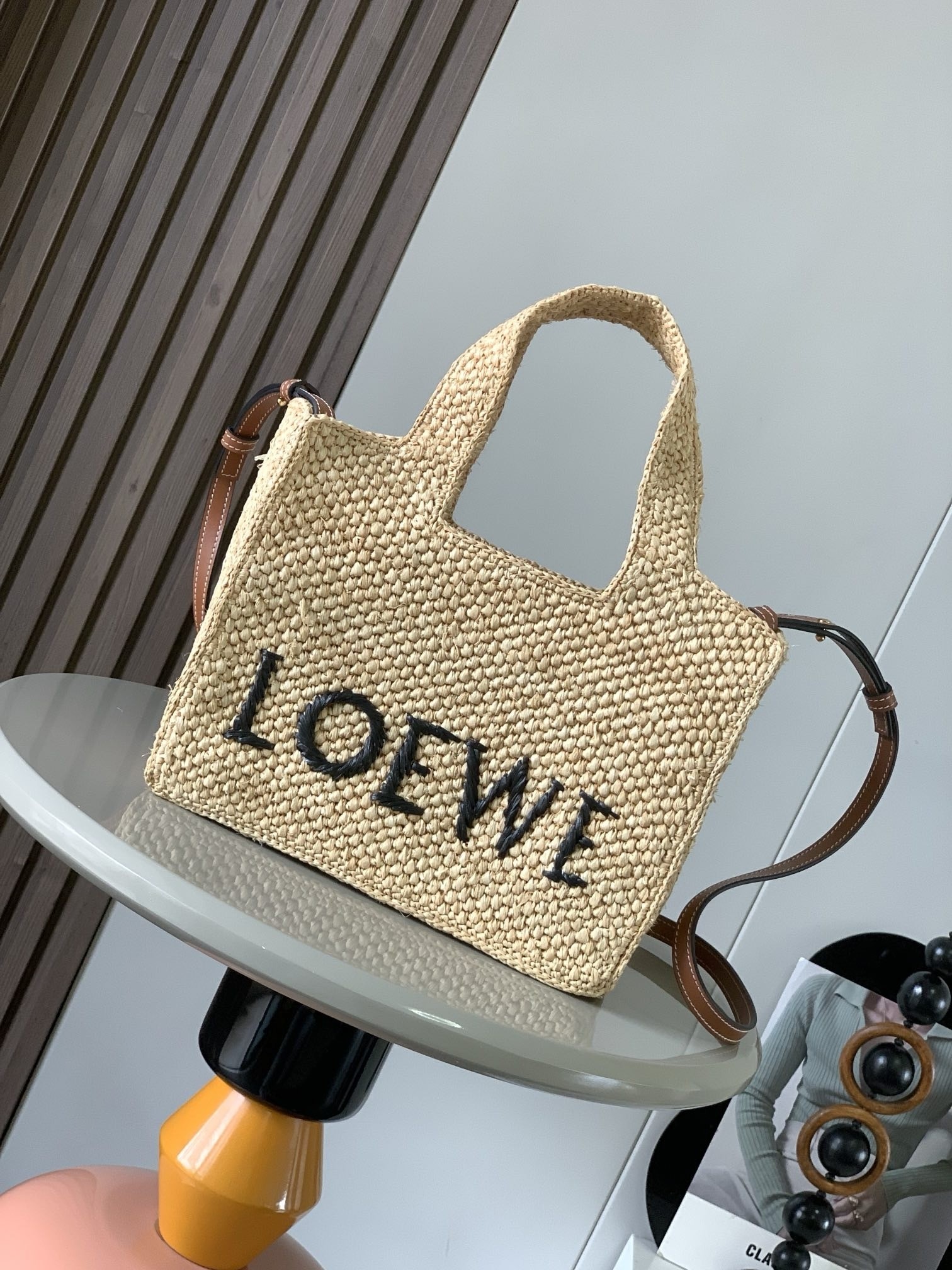 Loewe Small LOEWE Font Tote in Natural Raffia