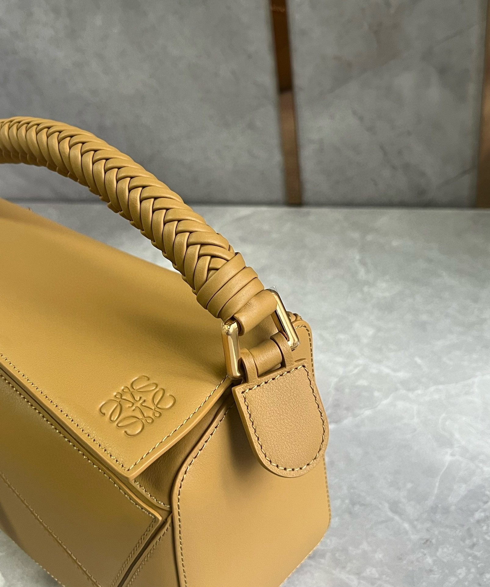 Loewe Puzzle Small Bag in Sahara Calfskin with Woven Handle