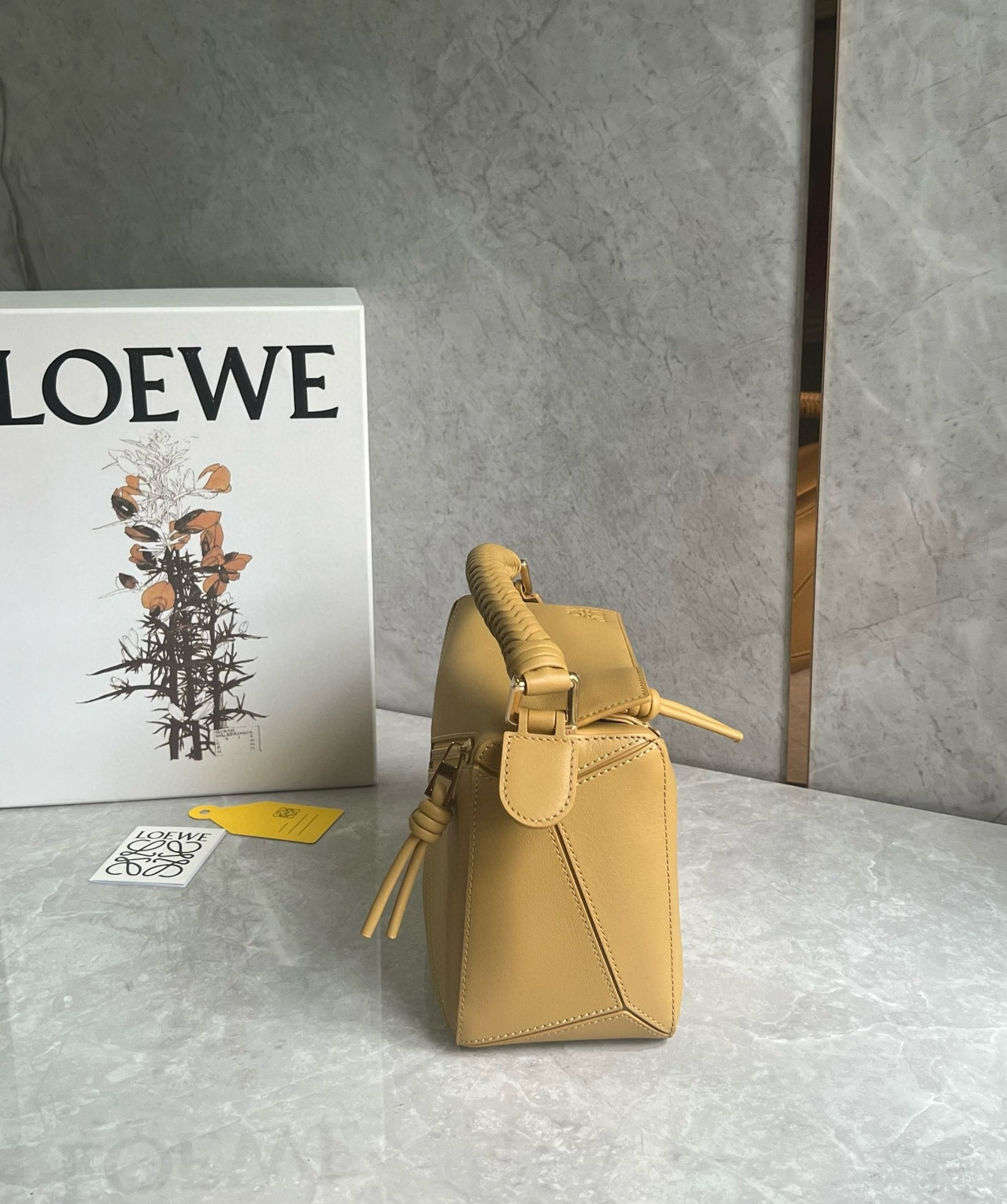 Loewe Puzzle Small Bag in Sahara Calfskin with Woven Handle