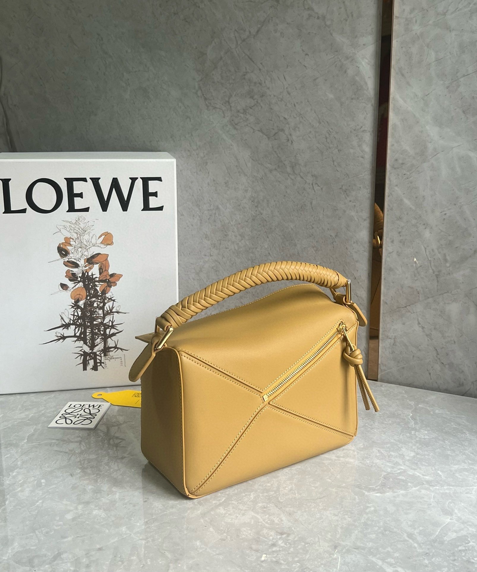 Loewe Puzzle Small Bag in Sahara Calfskin with Woven Handle