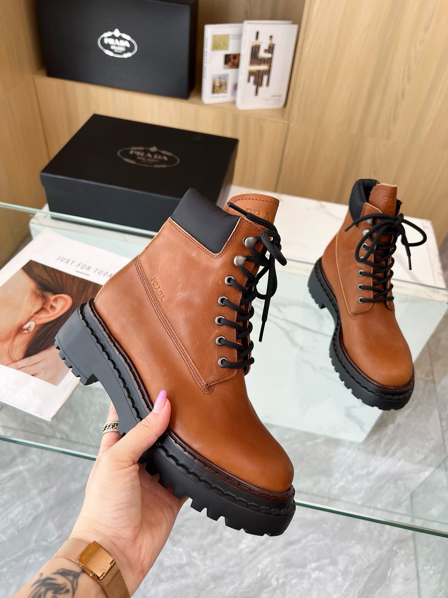Pra*a chelsea boots in cognac leather and re-nylon