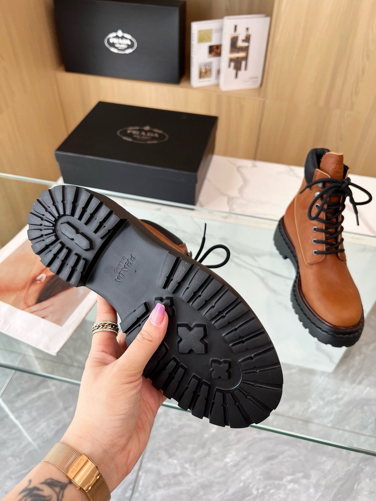 Pra*a chelsea boots in cognac leather and re-nylon