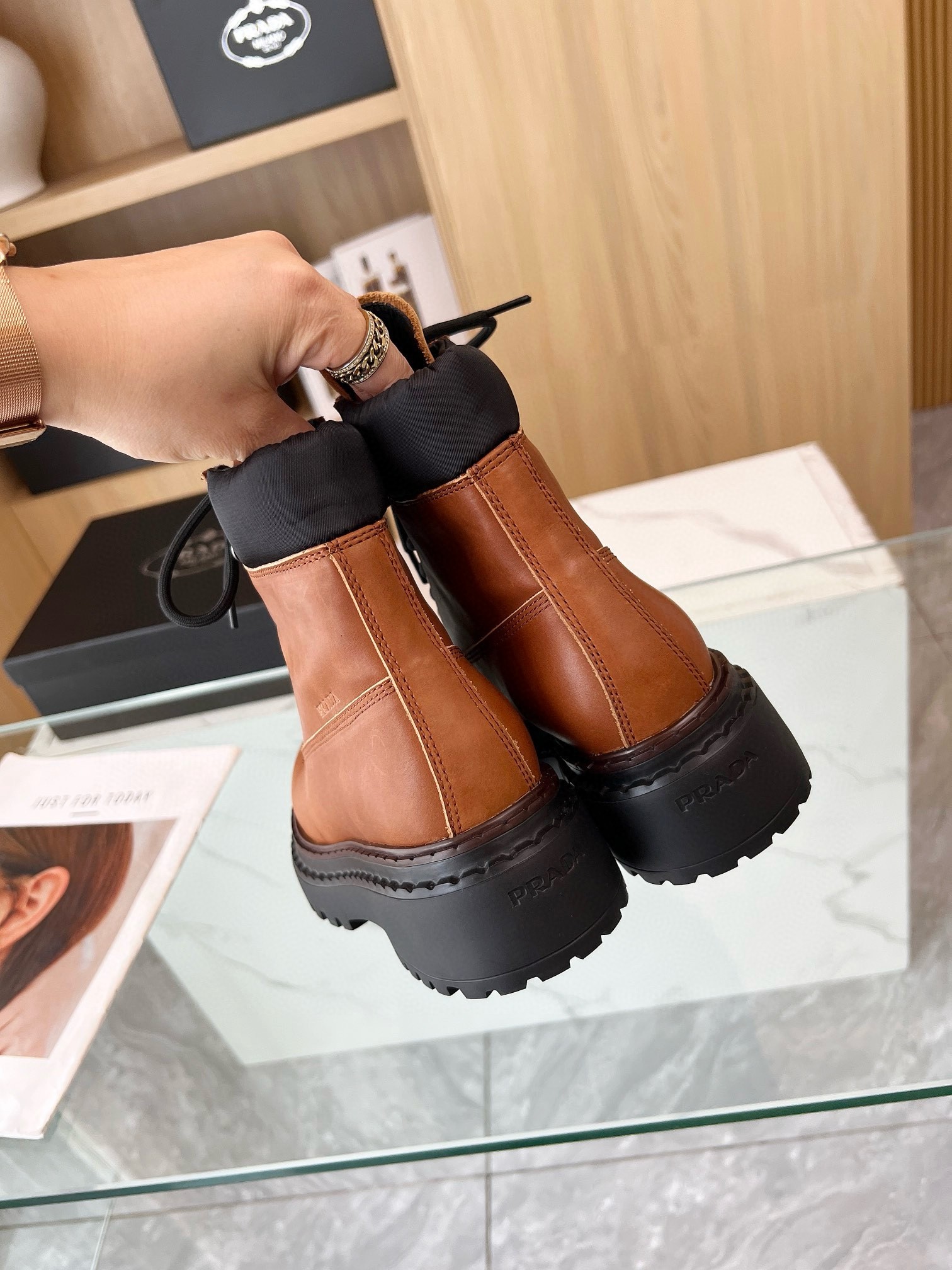 Pra*a chelsea boots in cognac leather and re-nylon