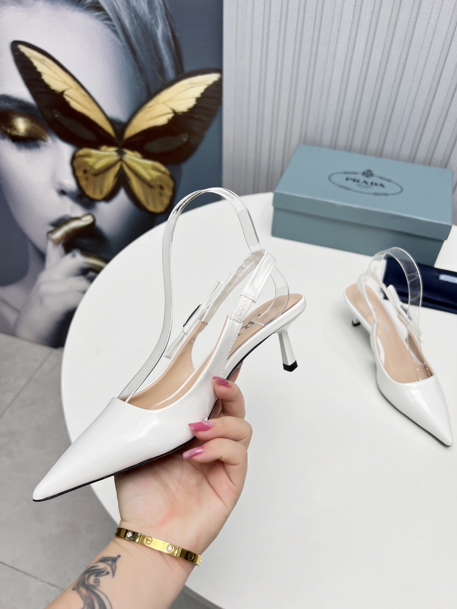 Pra*a slingbacks pumps 45mm in white patent leather