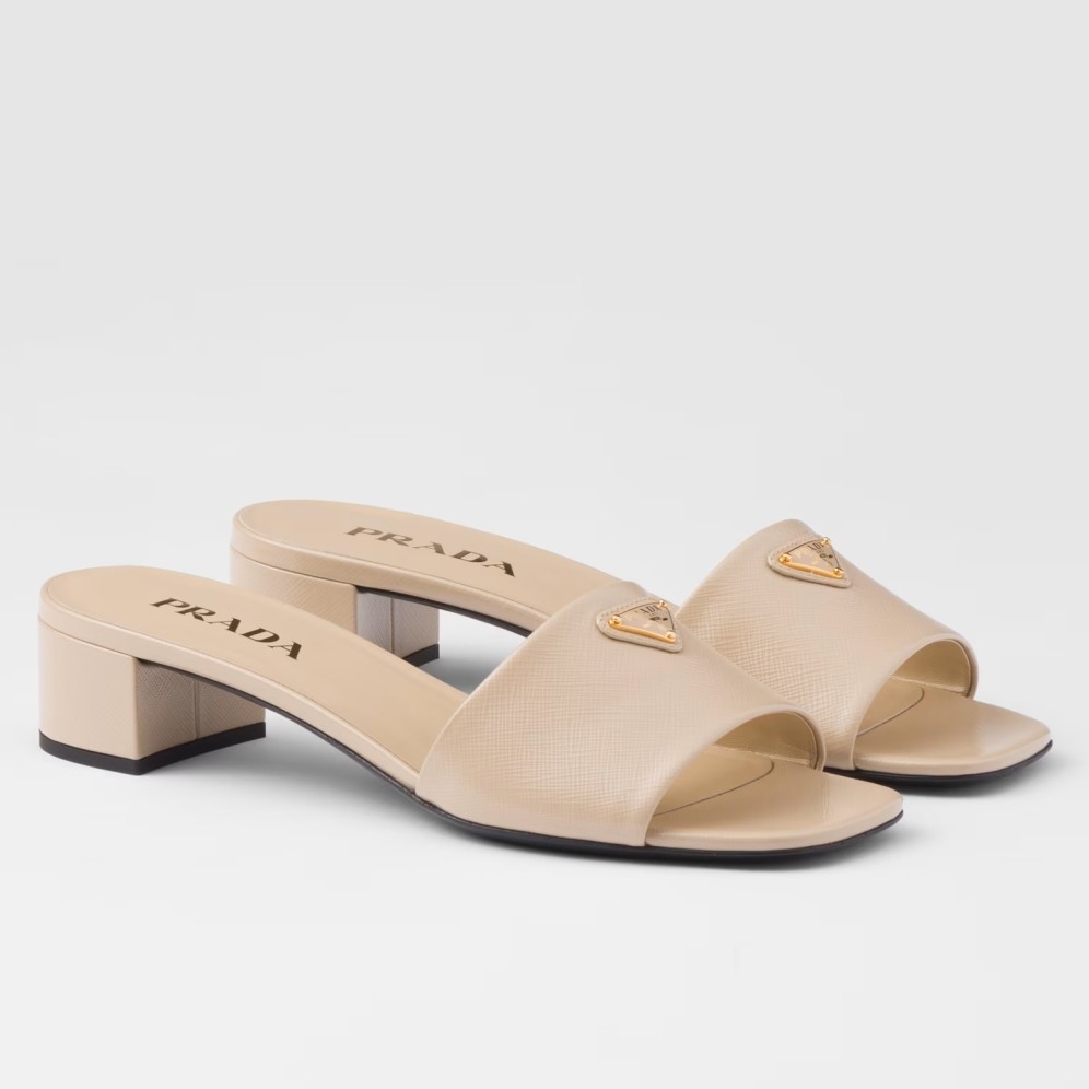 Pra*a heeled sandals 35mm in beige saffiano leather