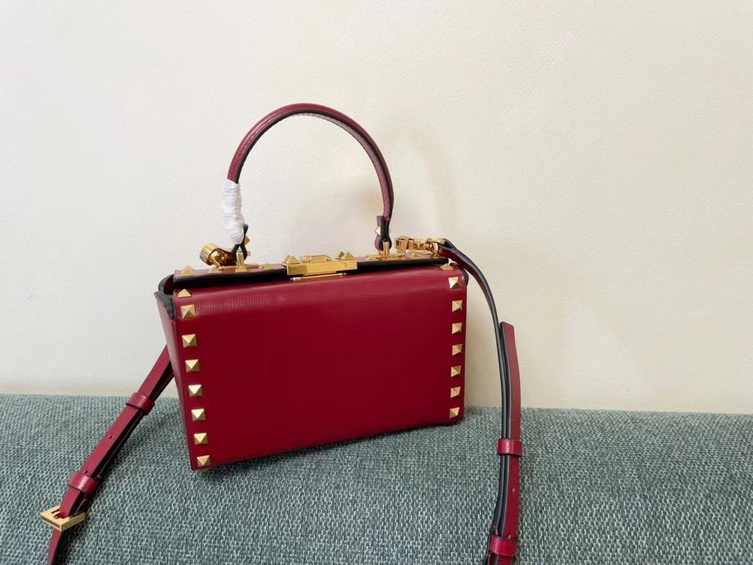 Valentino Rockstud Alcove Box Bag In Red Calfskin