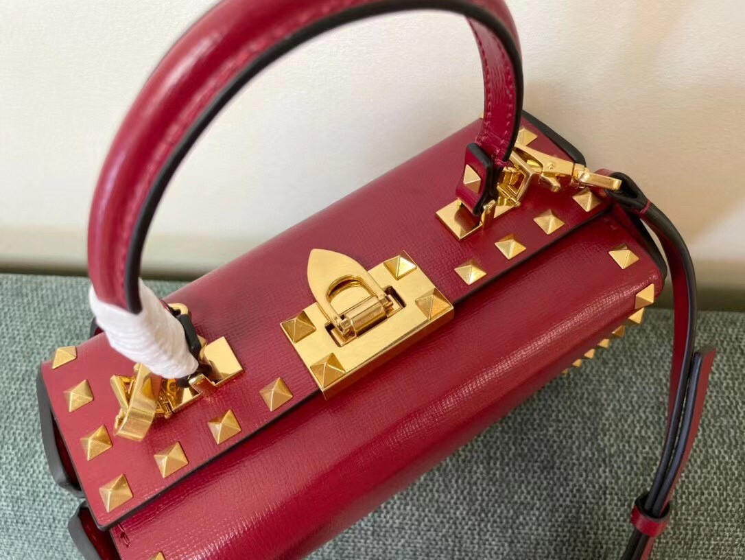 Valentino Rockstud Alcove Box Bag In Red Calfskin