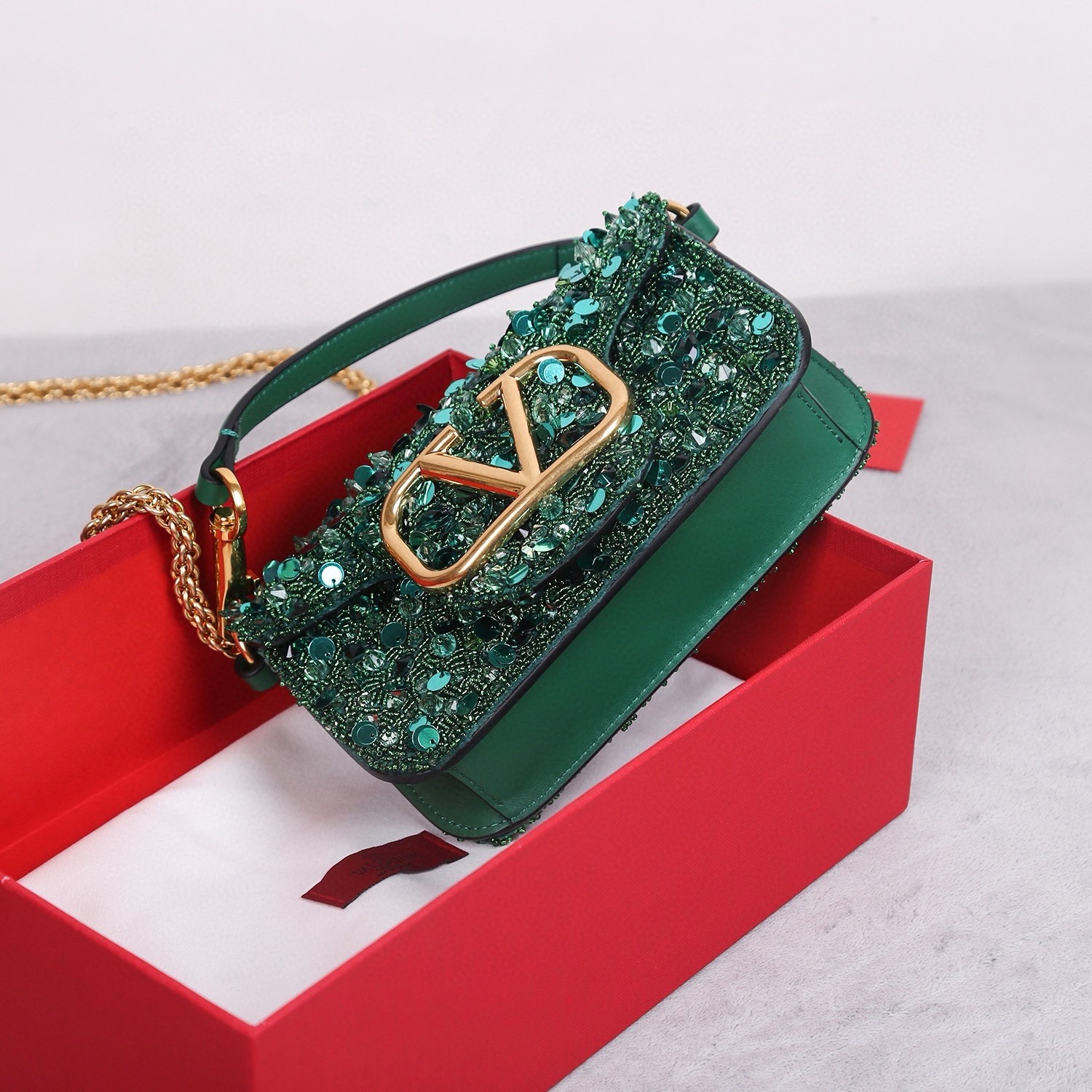 Valentino Small Loco Shoulder Bag with Green 3D-effect Embroidery