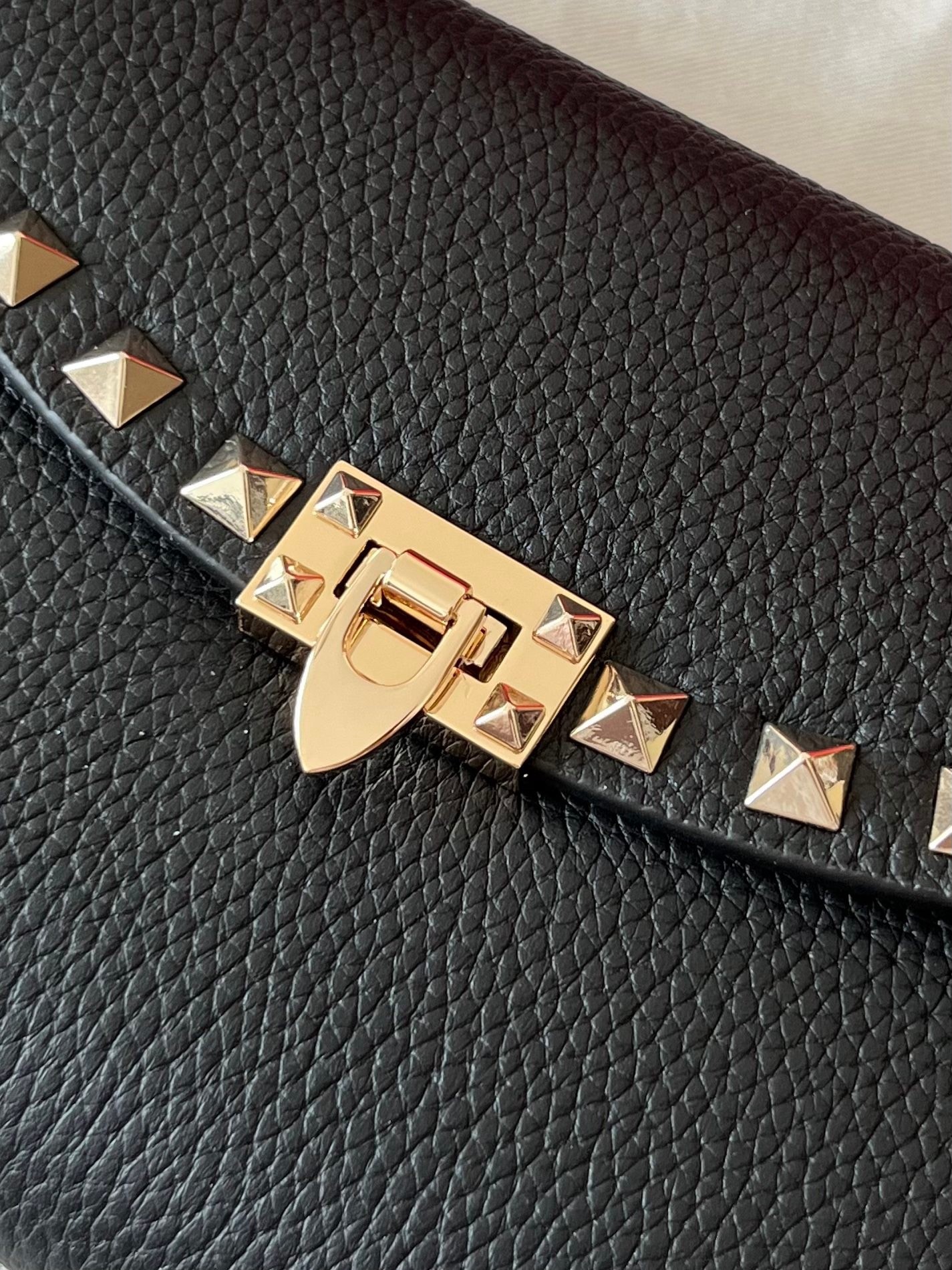 Valentino Rockstud Wallet with Chain in Black Grained Leather