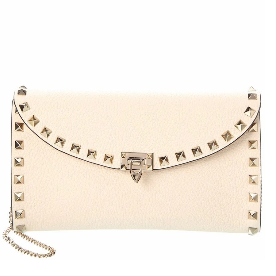 Valentino Rockstud Wallet with Chain in White Grained Leather