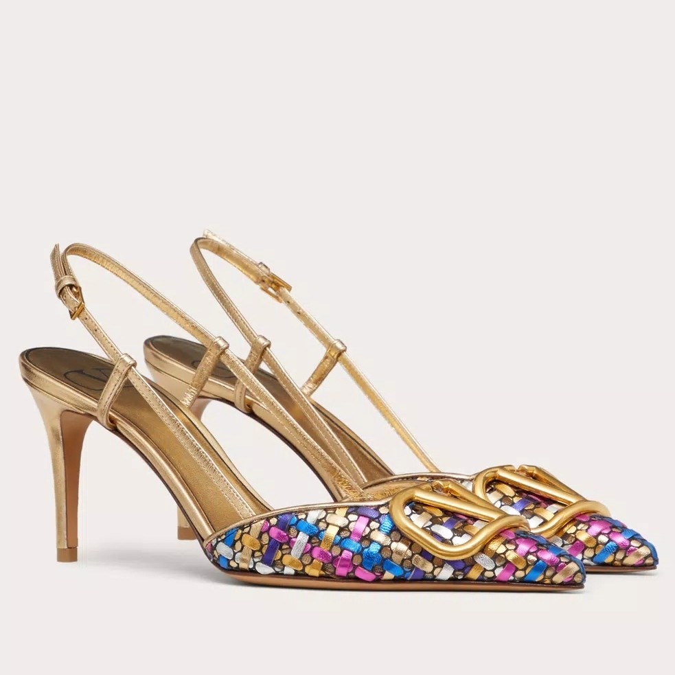 Valentino VLogo Signature Slingback Pumps 80mm in Woven Metallic Leather