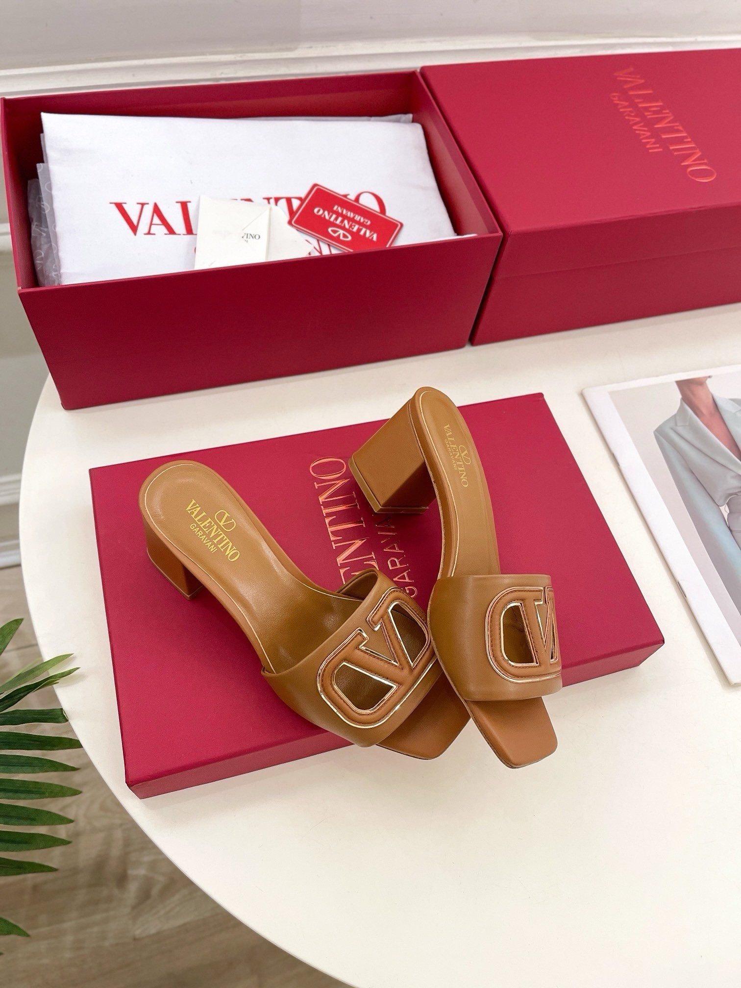 Valentino VLogo Cut-out Slide Sandals 60mm in Brown Leather