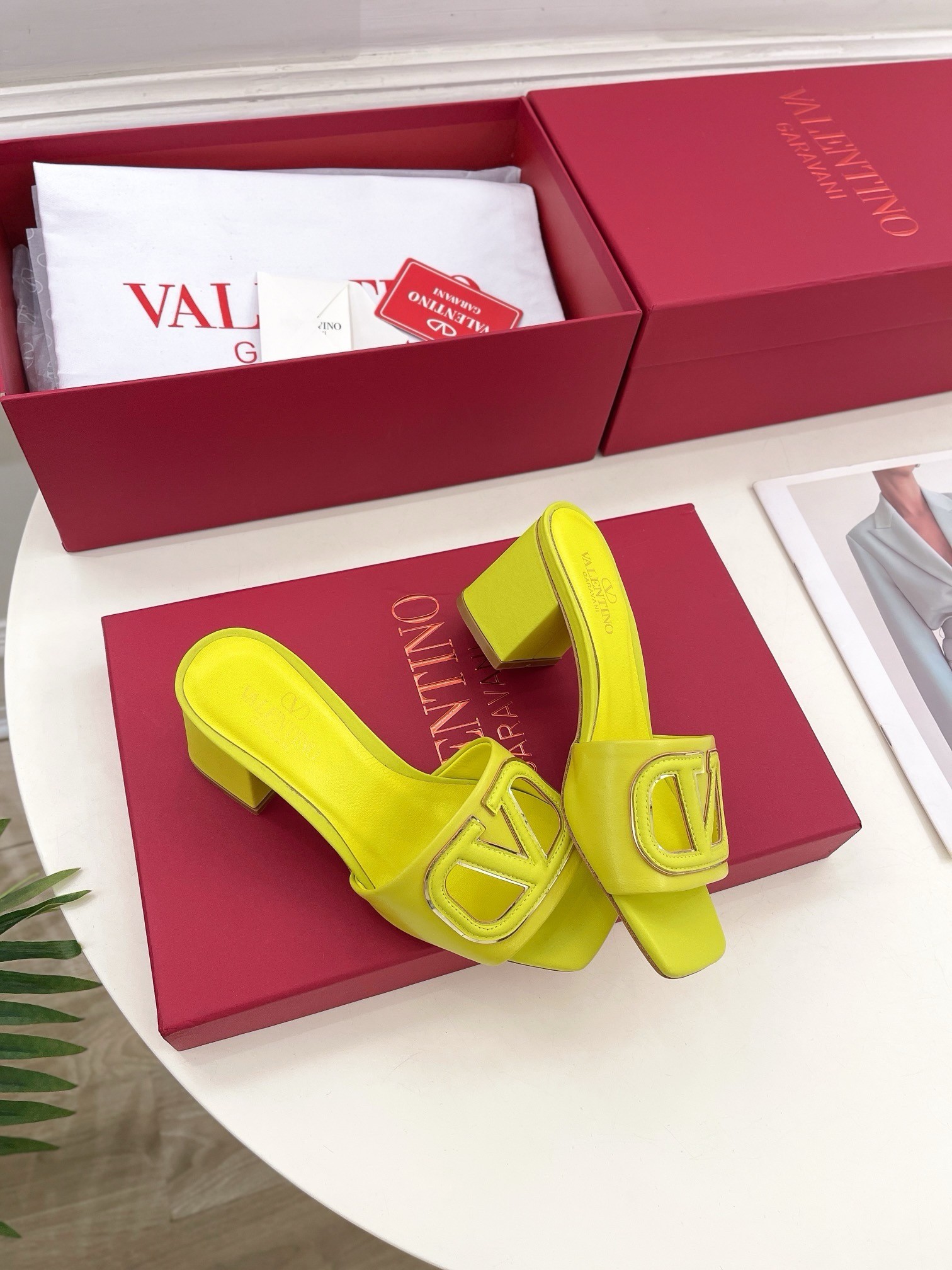 Valentino VLogo Cut-out Slide Sandals 60mm in Yellow Leather