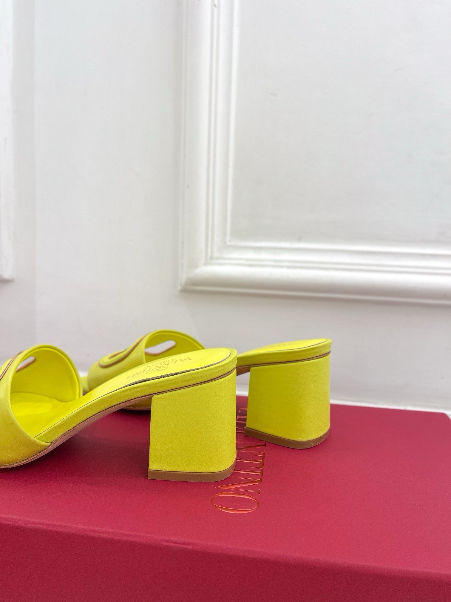 Valentino VLogo Cut-out Slide Sandals 60mm in Yellow Leather