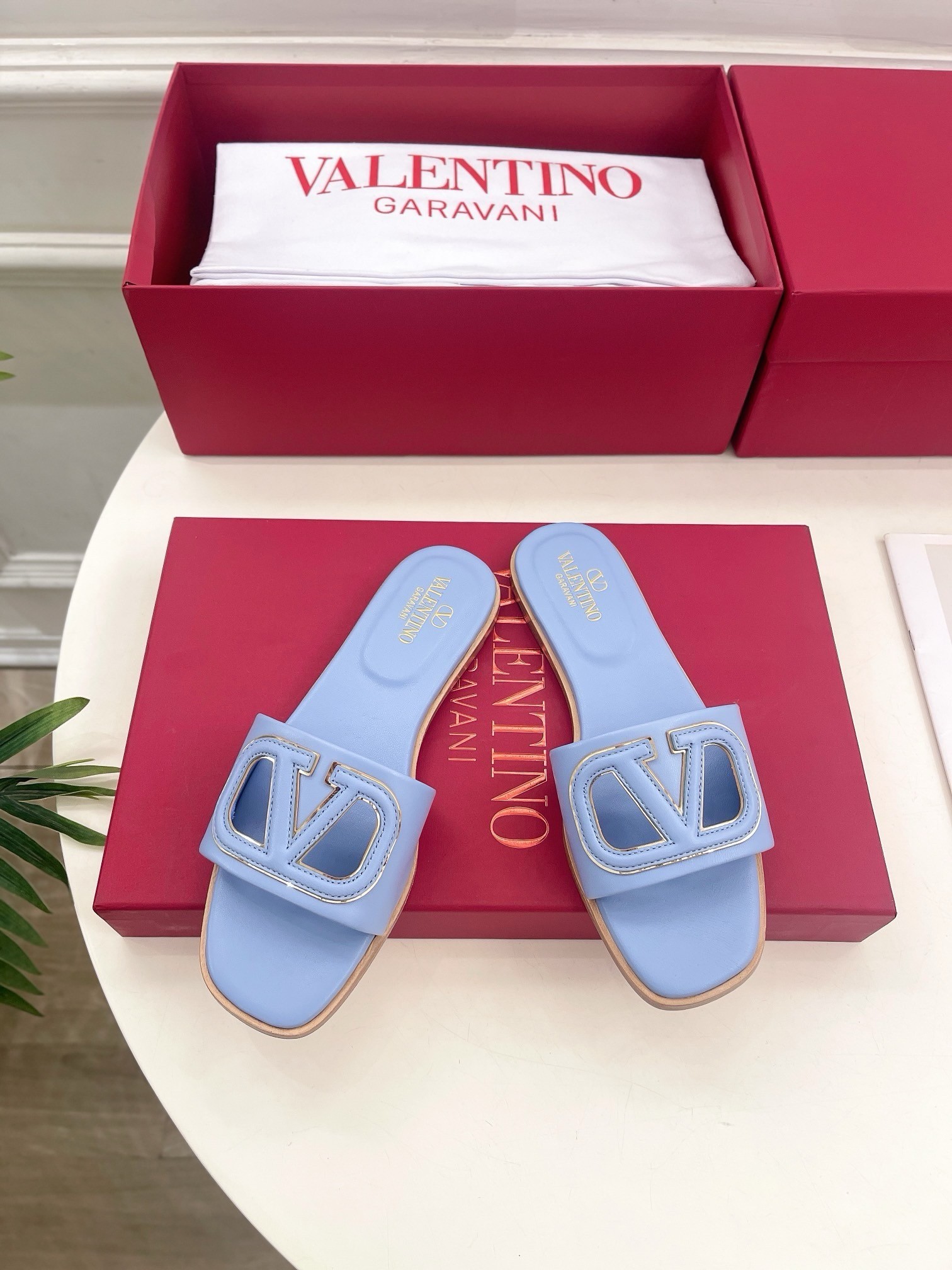 Valentino VLogo Cut-out Slide Sandals in Blue Leather