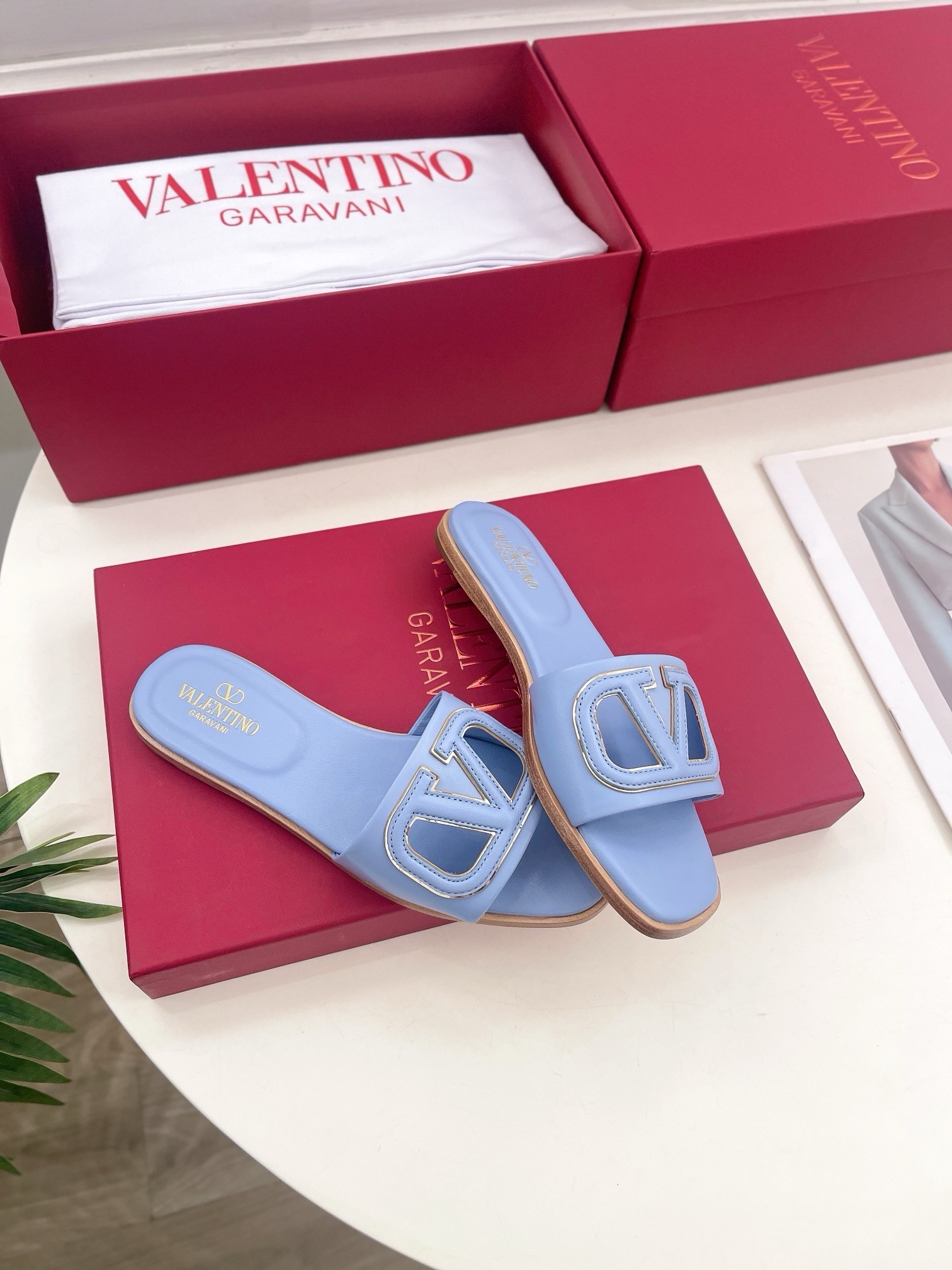 Valentino VLogo Cut-out Slide Sandals in Blue Leather