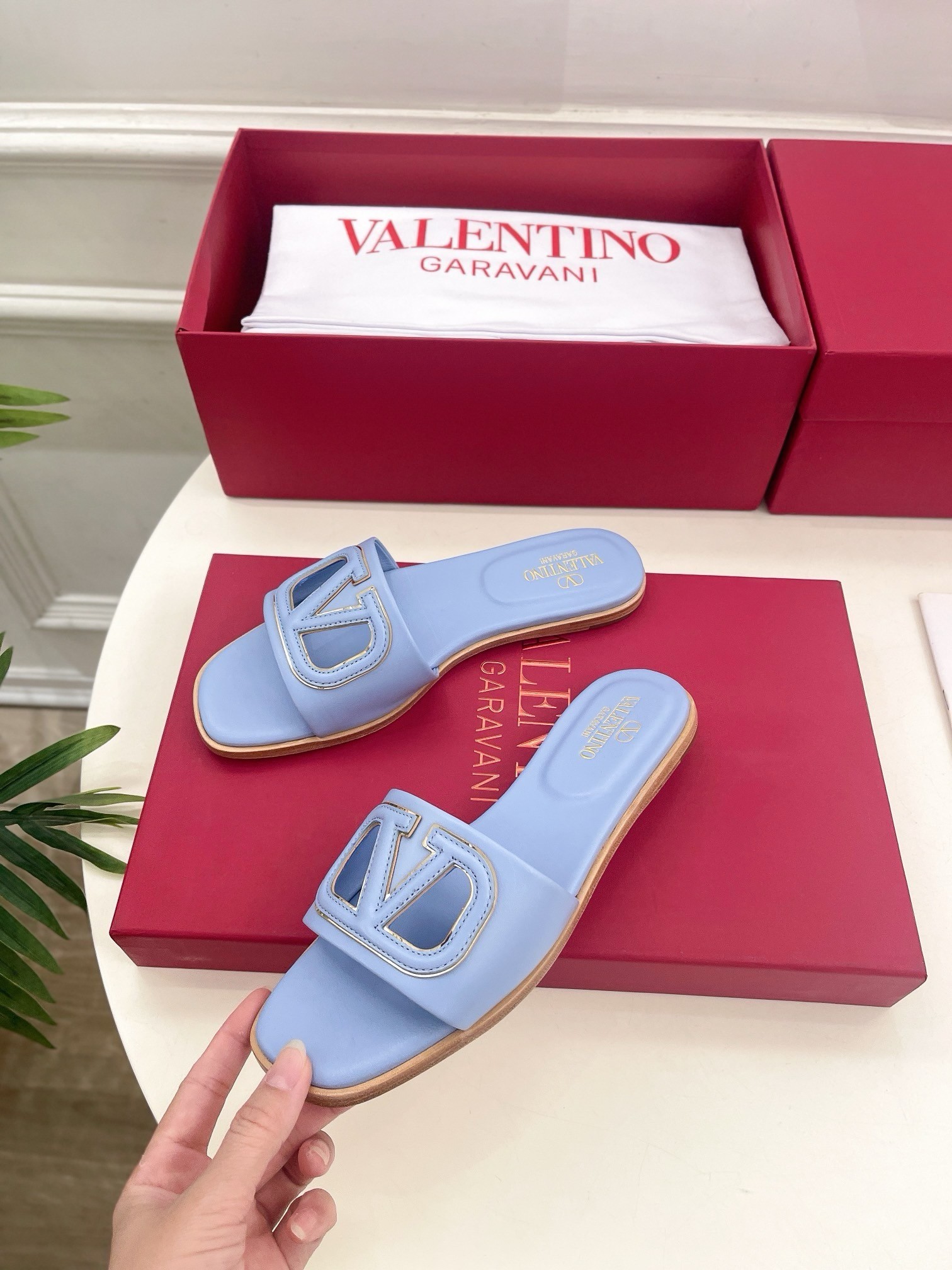 Valentino VLogo Cut-out Slide Sandals in Blue Leather