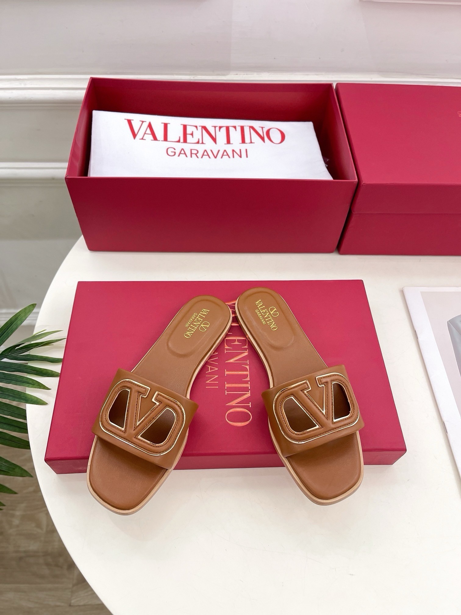 Valentino VLogo Cut-out Slide Sandals in Brown Leather