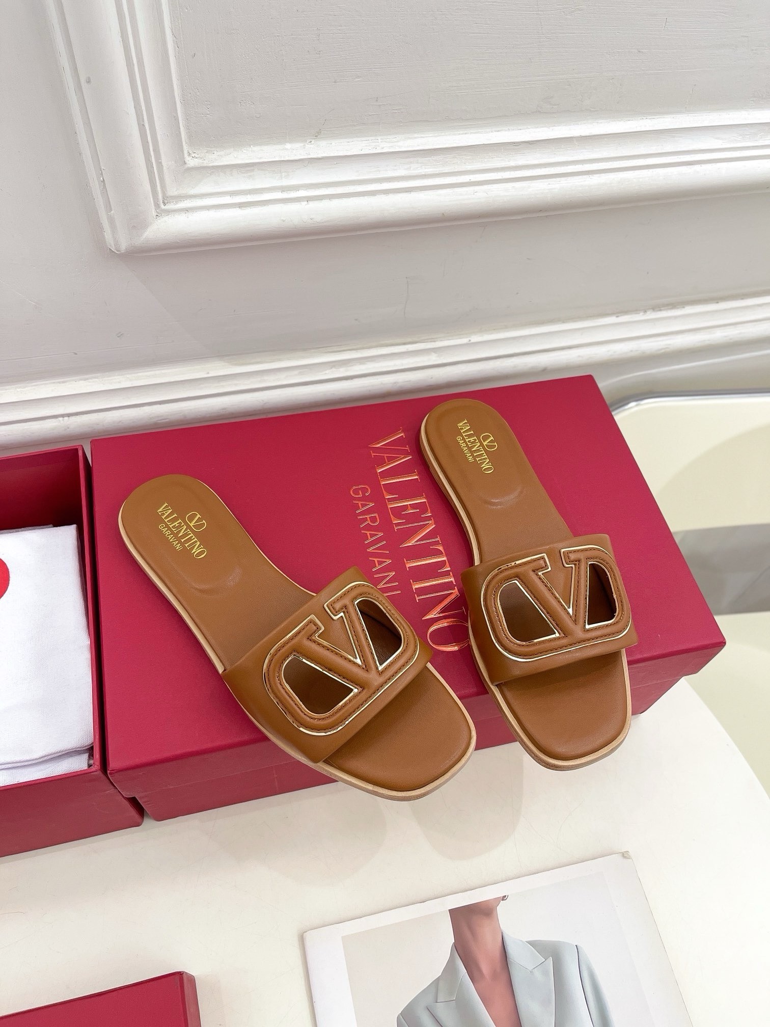 Valentino VLogo Cut-out Slide Sandals in Brown Leather