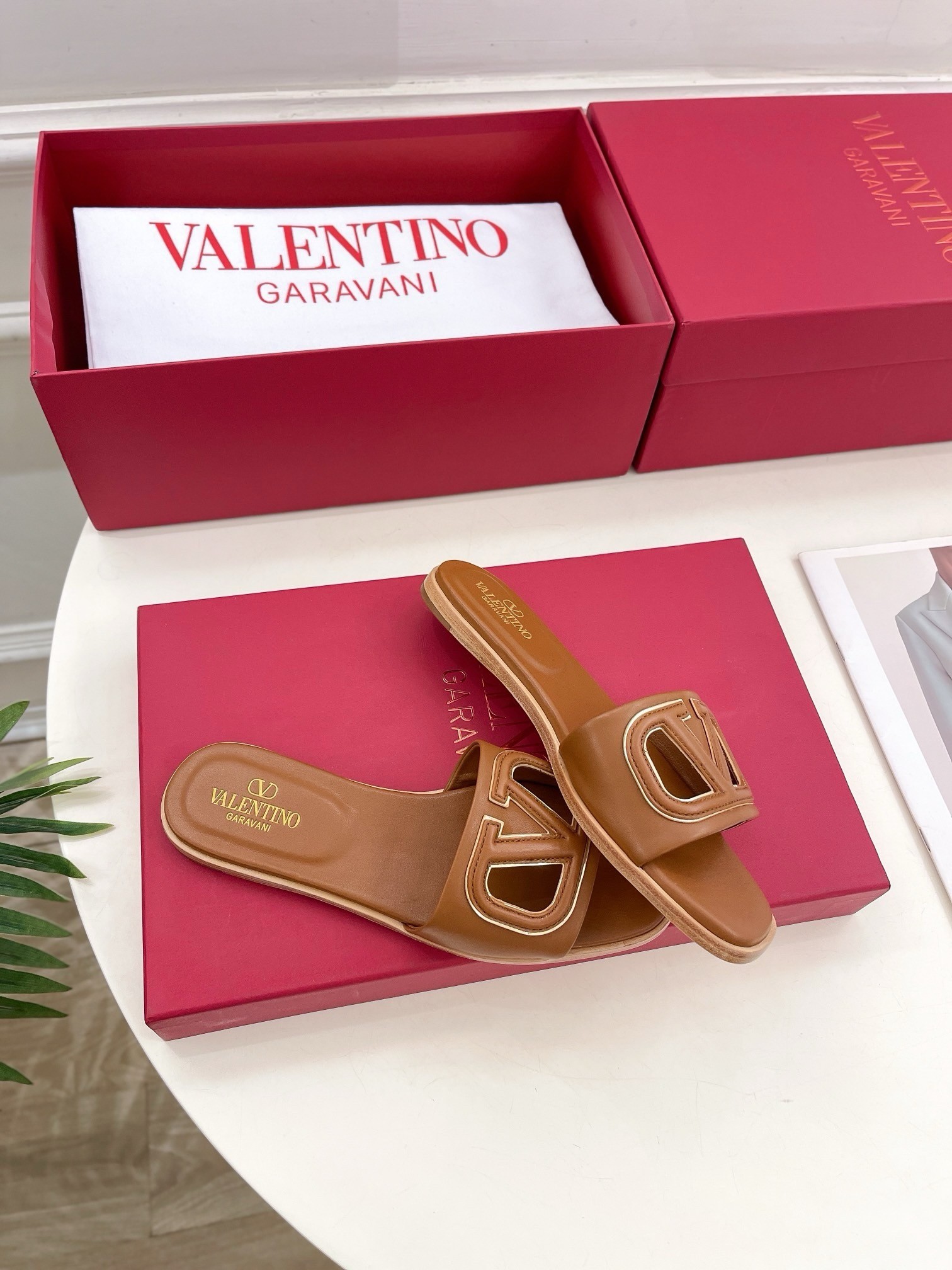 Valentino VLogo Cut-out Slide Sandals in Brown Leather