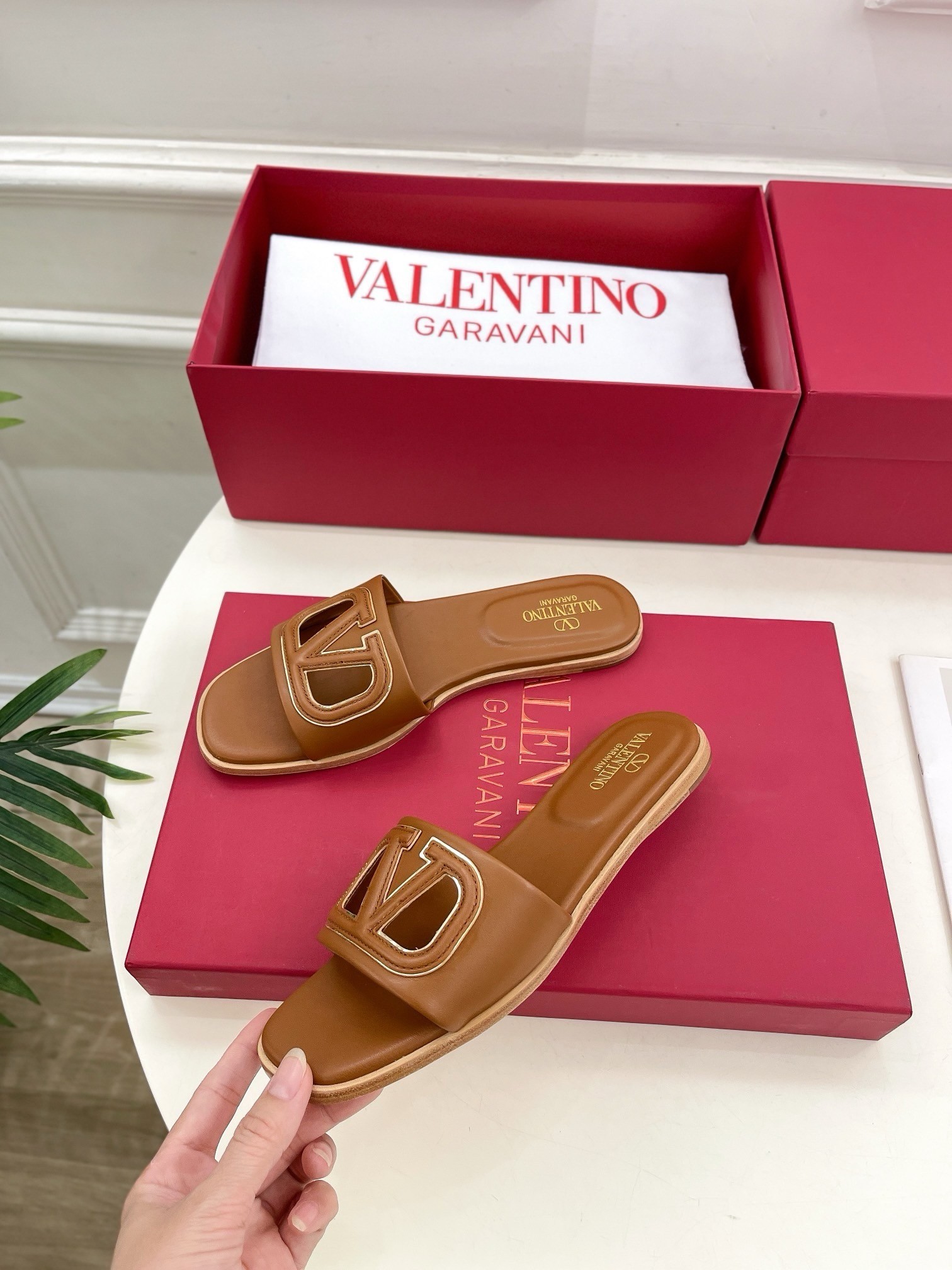 Valentino VLogo Cut-out Slide Sandals in Brown Leather