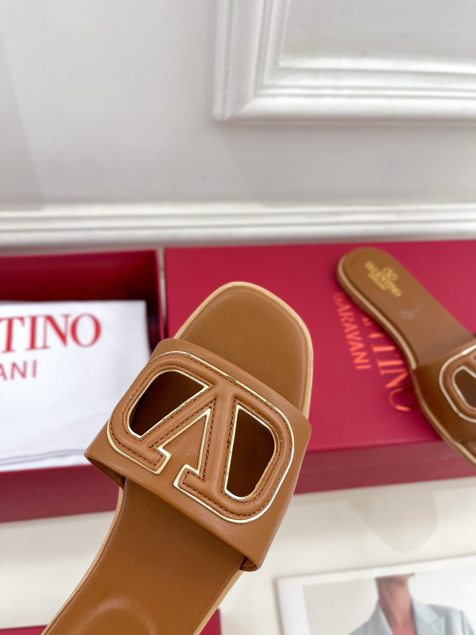 Valentino VLogo Cut-out Slide Sandals in Brown Leather