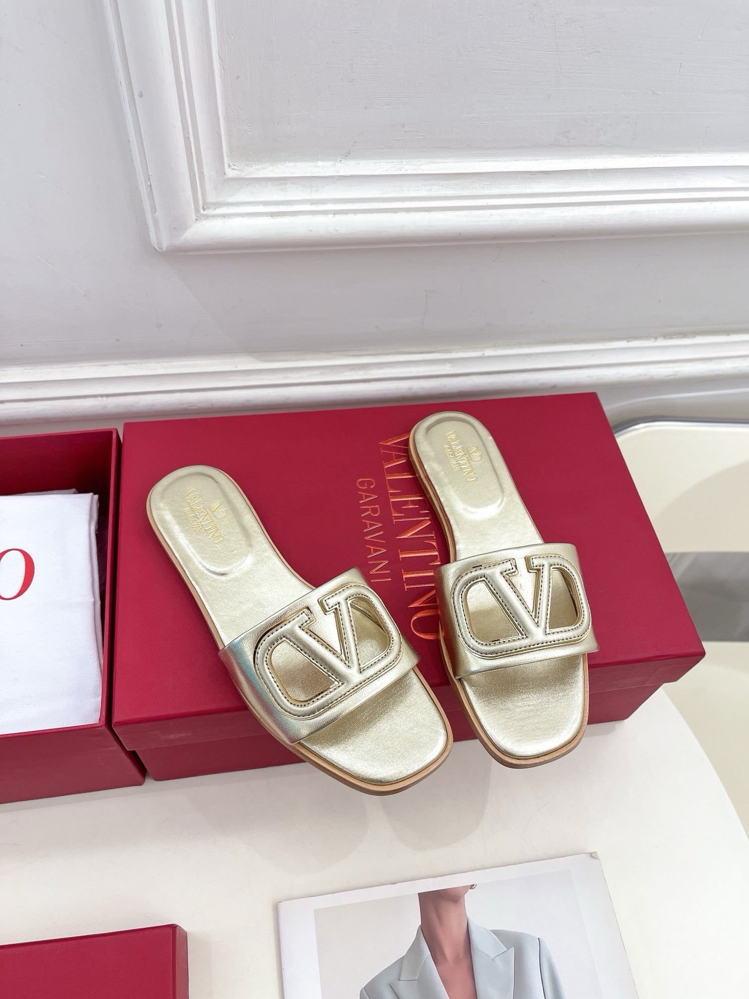 Valentino VLogo Cut-out Slide Sandals in Gold Metallic Leather