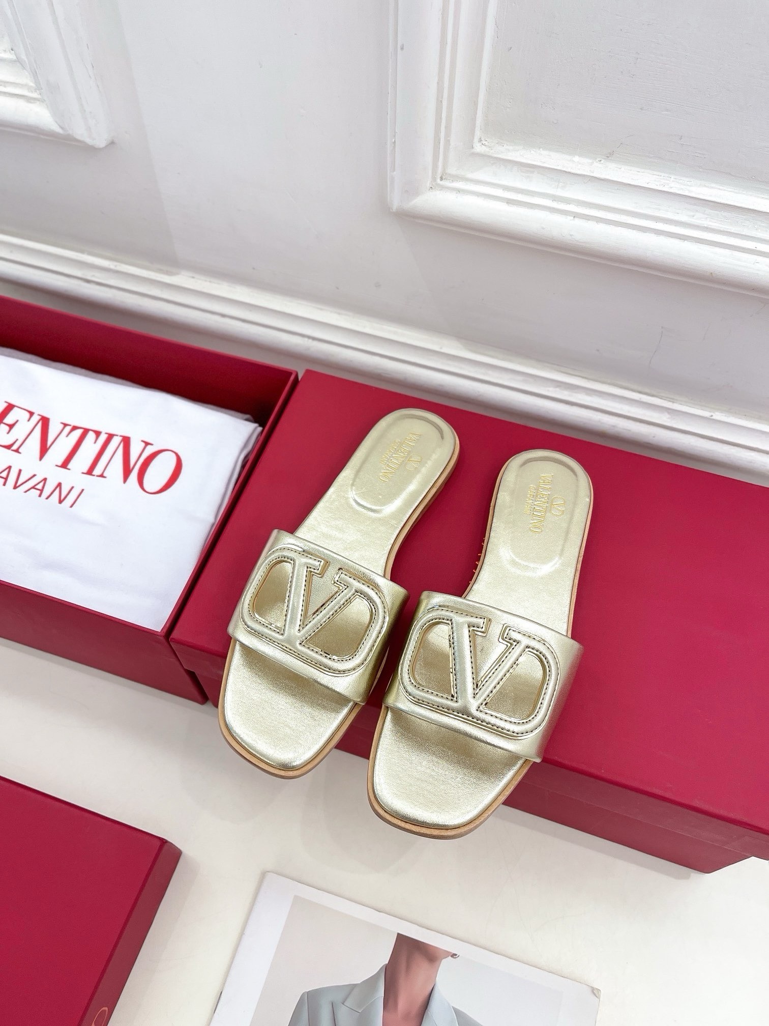 Valentino VLogo Cut-out Slide Sandals in Gold Metallic Leather