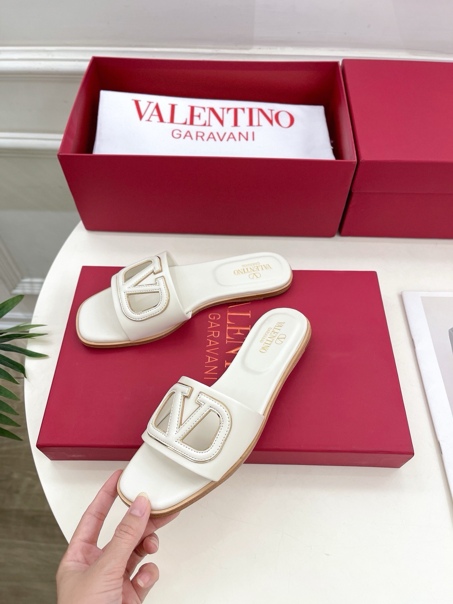 Valentino VLogo Cut-out Slide Sandals in White Leather