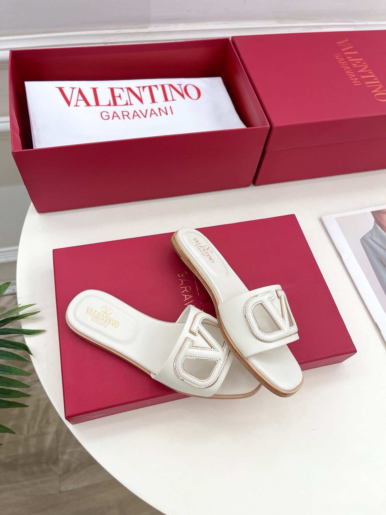 Valentino VLogo Cut-out Slide Sandals in White Leather